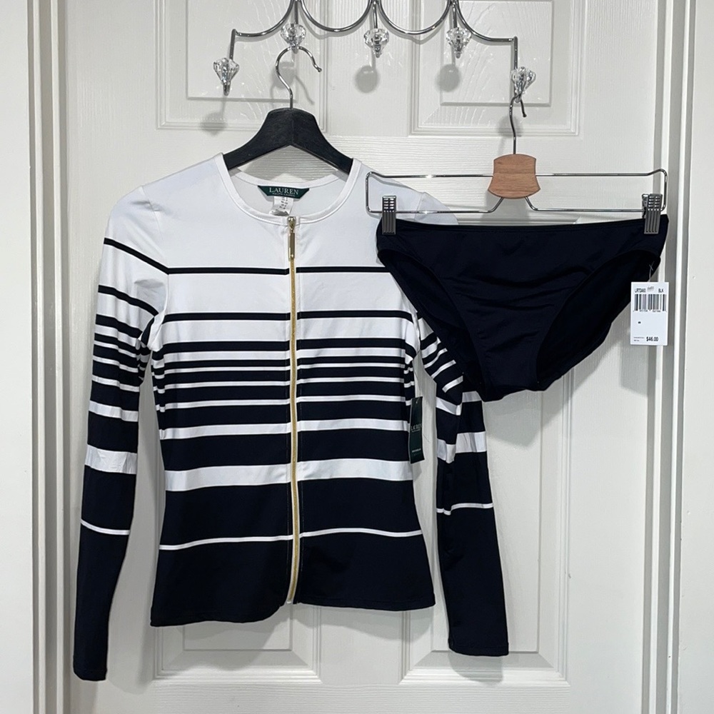 Lauren Ralph Lauren Gradient Stripe Long Sleeve Rashguard 2 Piece Swimsuit - Picture 3 of 16